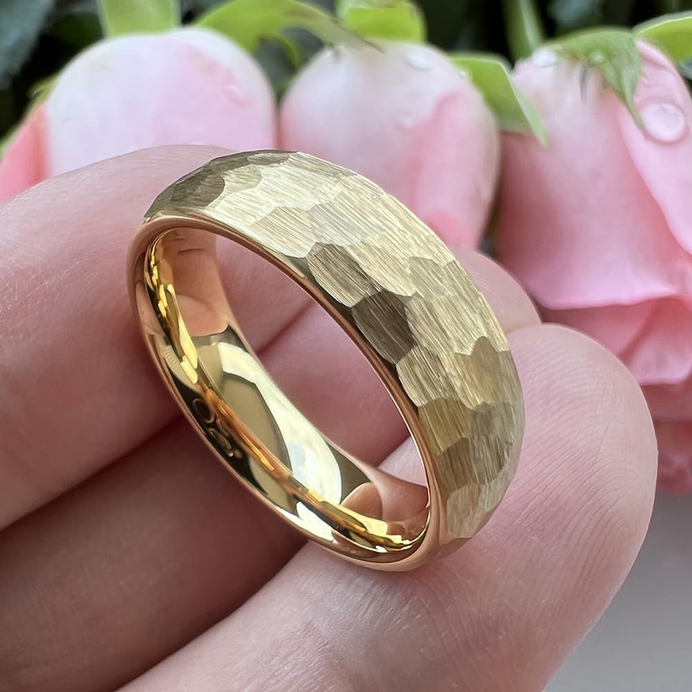 TUTISS 6mm Gold Hammered Tungsten Rings for Men Women Engagement Wedding Bands Domed Matte Finish Comfort Fit Size 5