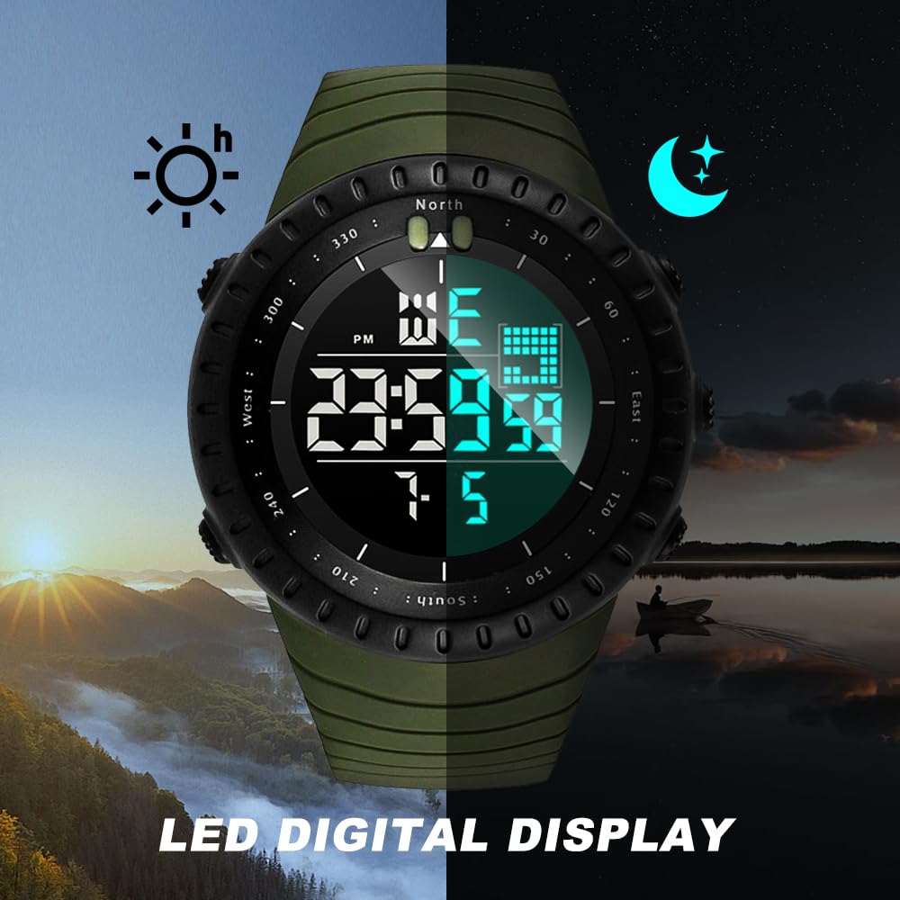 KXAITO Men's Watches Sports Outdoor Waterproof Military Watch Date Multi Function Tactics LED Face Alarm Stopwatch for Men (6256 Black)