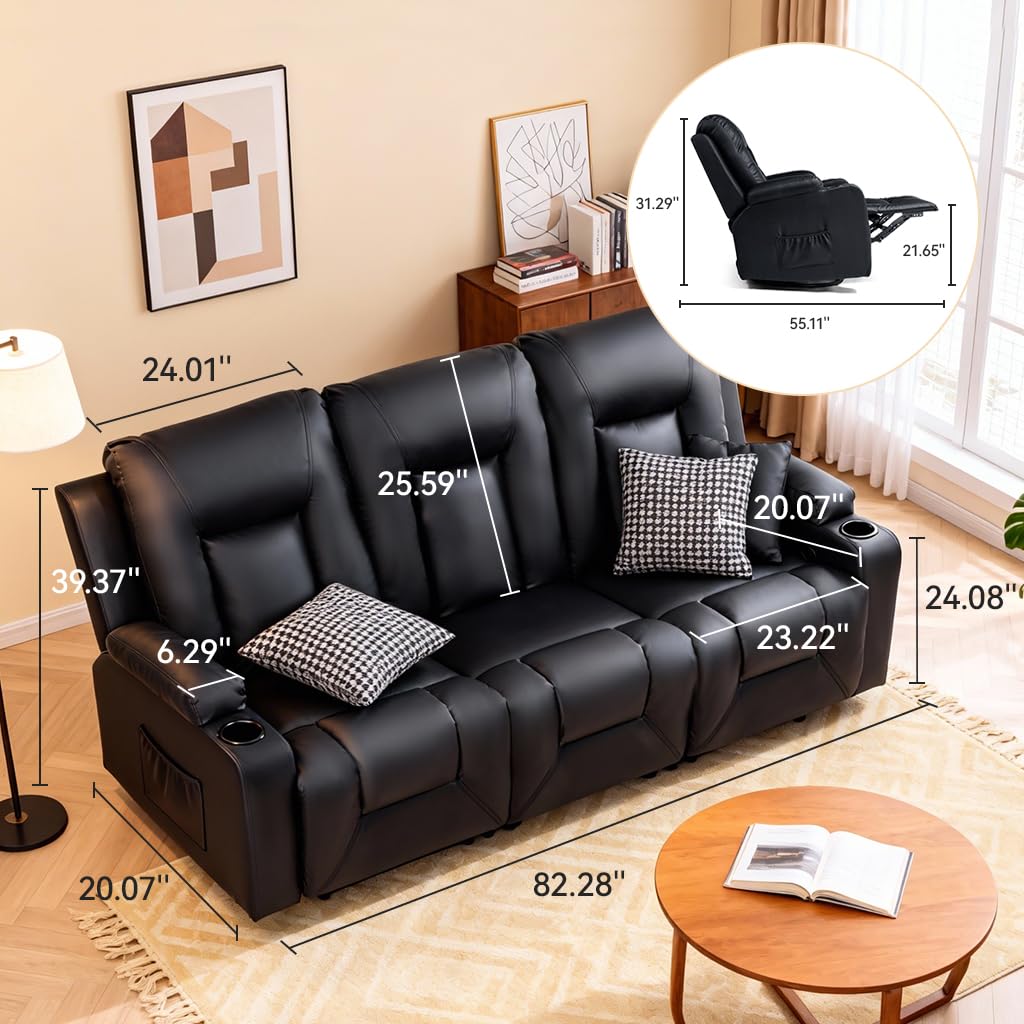 COMHOMA Living Room Furniture Set,Faux Leather Manual Recliner Sofa Sets with Cup Holders,Reclining Couch,Loveseat and Armchair,3+2,Black