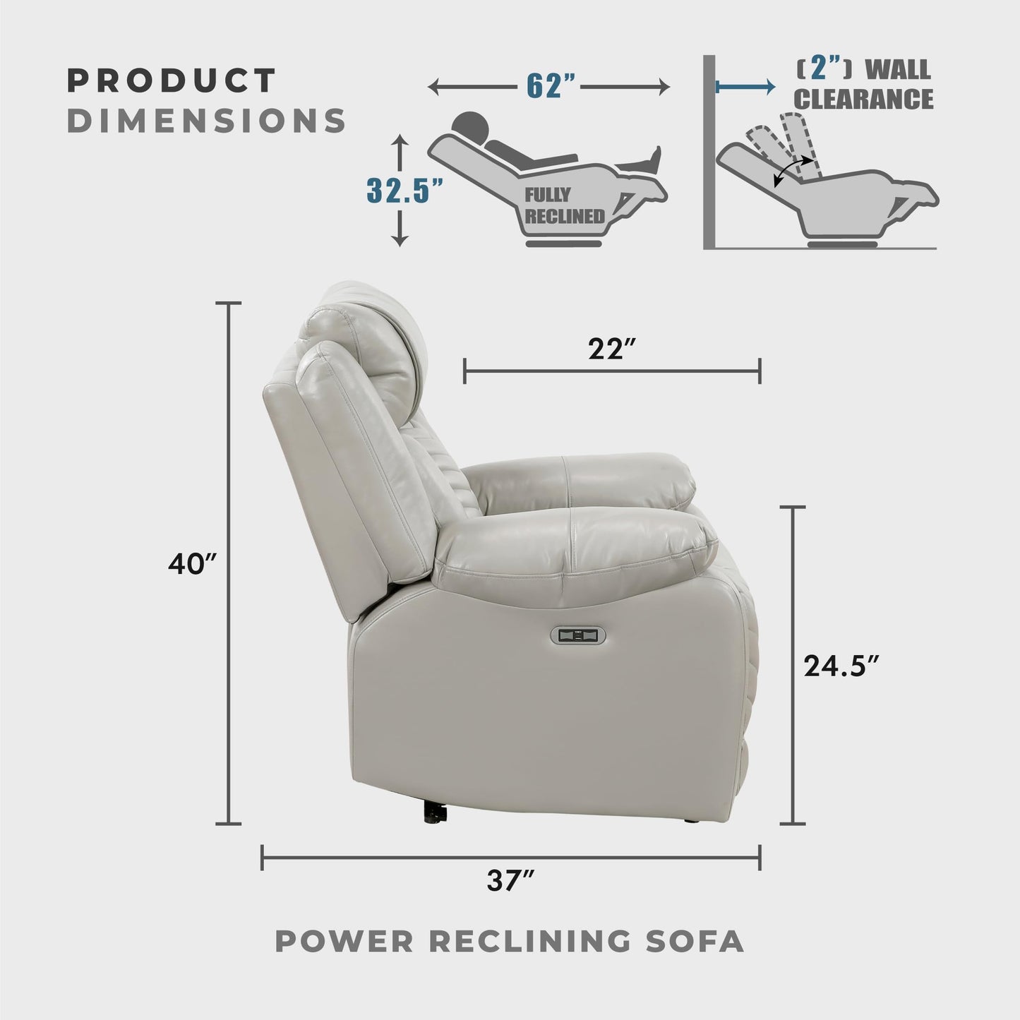 Lexicon Wall Hugger Power Double Reclining Sofa with Center Drop-Down Table, Faux Leather Home Theater Seating with LED Lighting/USB Charging Ports/Wireless Charger/Cup Holders, Magazine Pocket, Gray