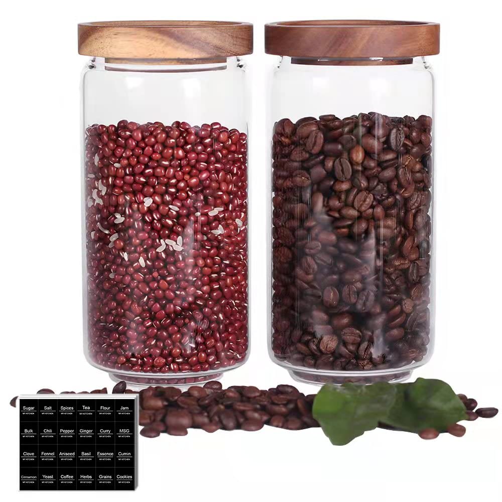 SAIOOL Kitchen Canisters Set of 6-8.5oz Glass Spice Jars With Acacia Airtight Lid and Labels Round Spice Bottles for kitchen Seasoning Baby Food Kids Snacks Meal Prep Containers Candle
