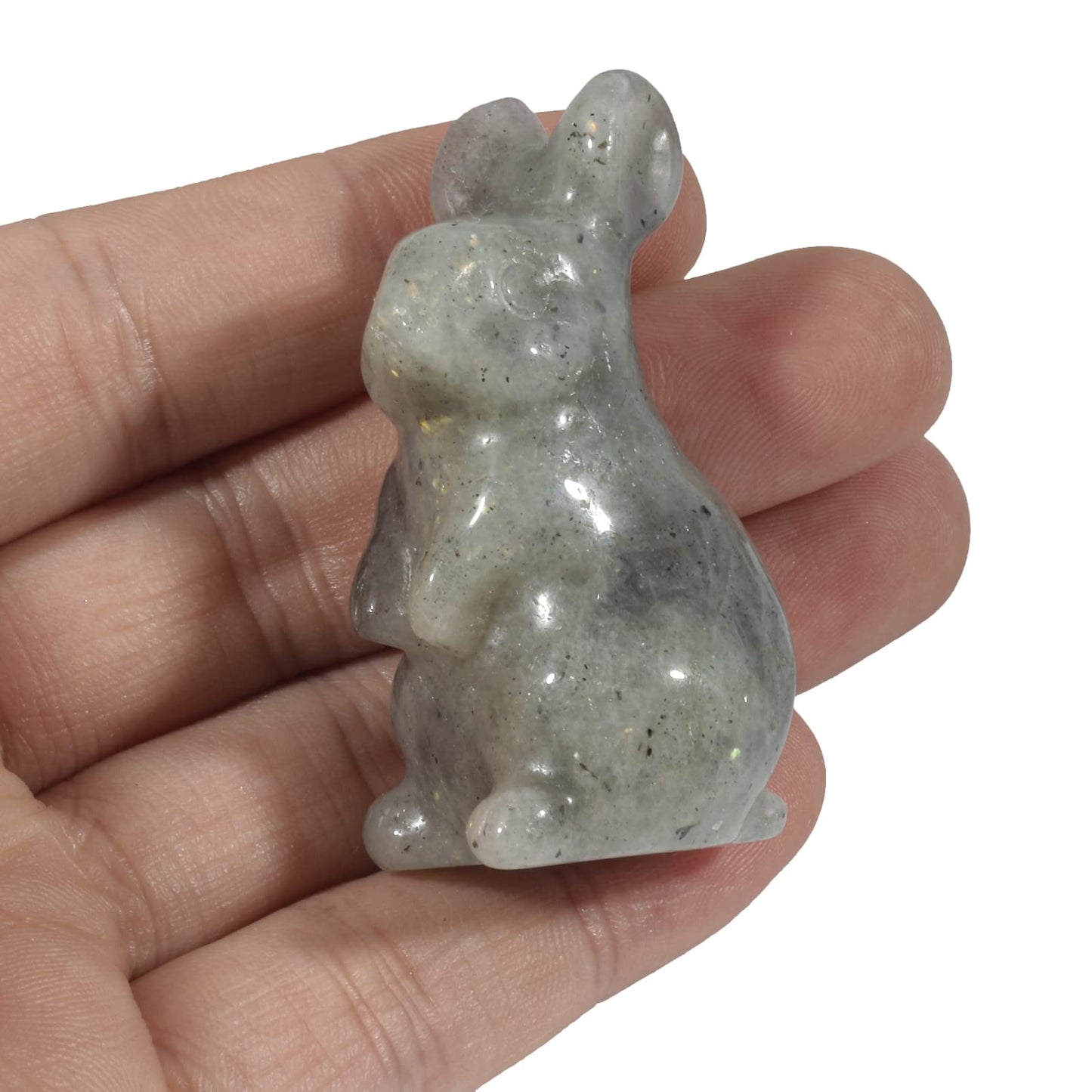 Loveliome Natural Gemstone Crystal Rabbit Figurine, Hand Carved Bunny Statue, Collectible Stone Animal Decor for Shelf, Desk & Gifts, 2 Inch Labradorite