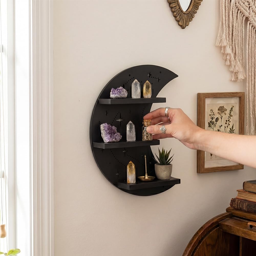 FNYDOX Crescent Moon Shelf with LED Light, Trinket Shelf & Moon Wall Light for Rocks Gems Healing Stones Crystals Display Shelf, Celestial Decor Crystal Holder Witchy Wall Decor