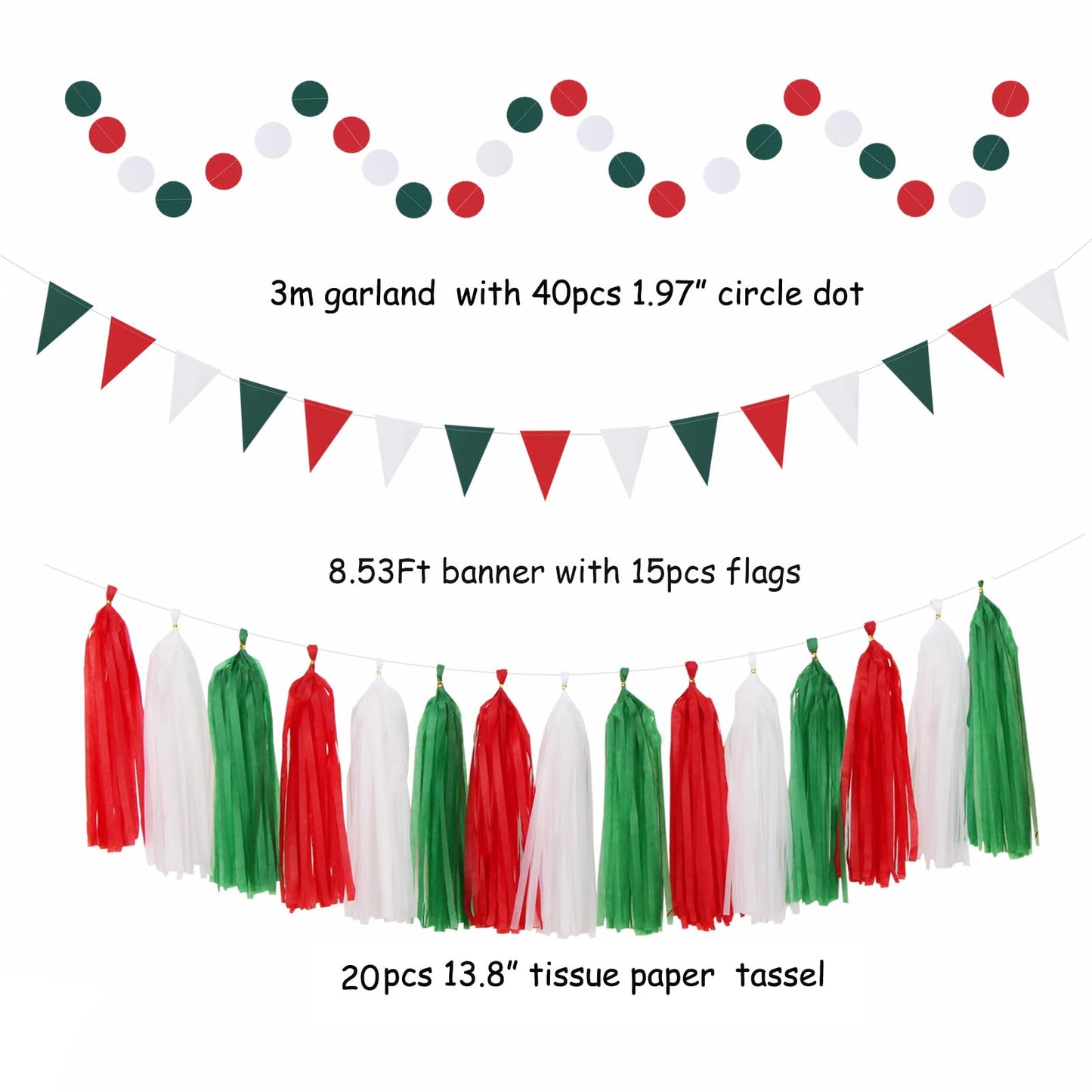 Red-Green White Christmas Party-Decorations - 33pcs Banner,Mexico Italy Streamers Tassel Garland,Tissue Pom Poms Honeycomb,Paper Lantern Fans,Mexican Italian Birthday Wedding Baby Shower Decor Hugtmr