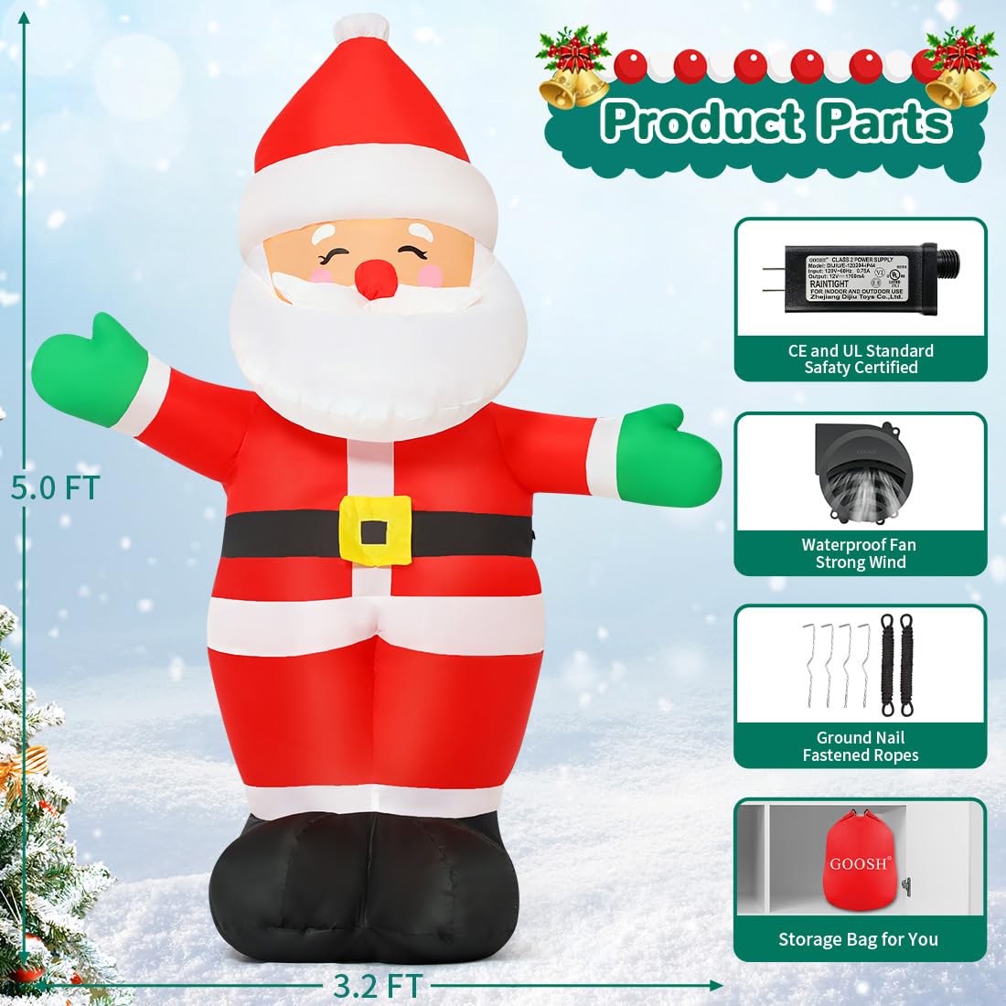 GOOSH 5 FT Christmas Inflatables Santa Claus Outdoor Decorations Blow Up Yard Standing Santa with Built-in LEDs for Holiday Party Xmas Yard Garden Lawn Decor