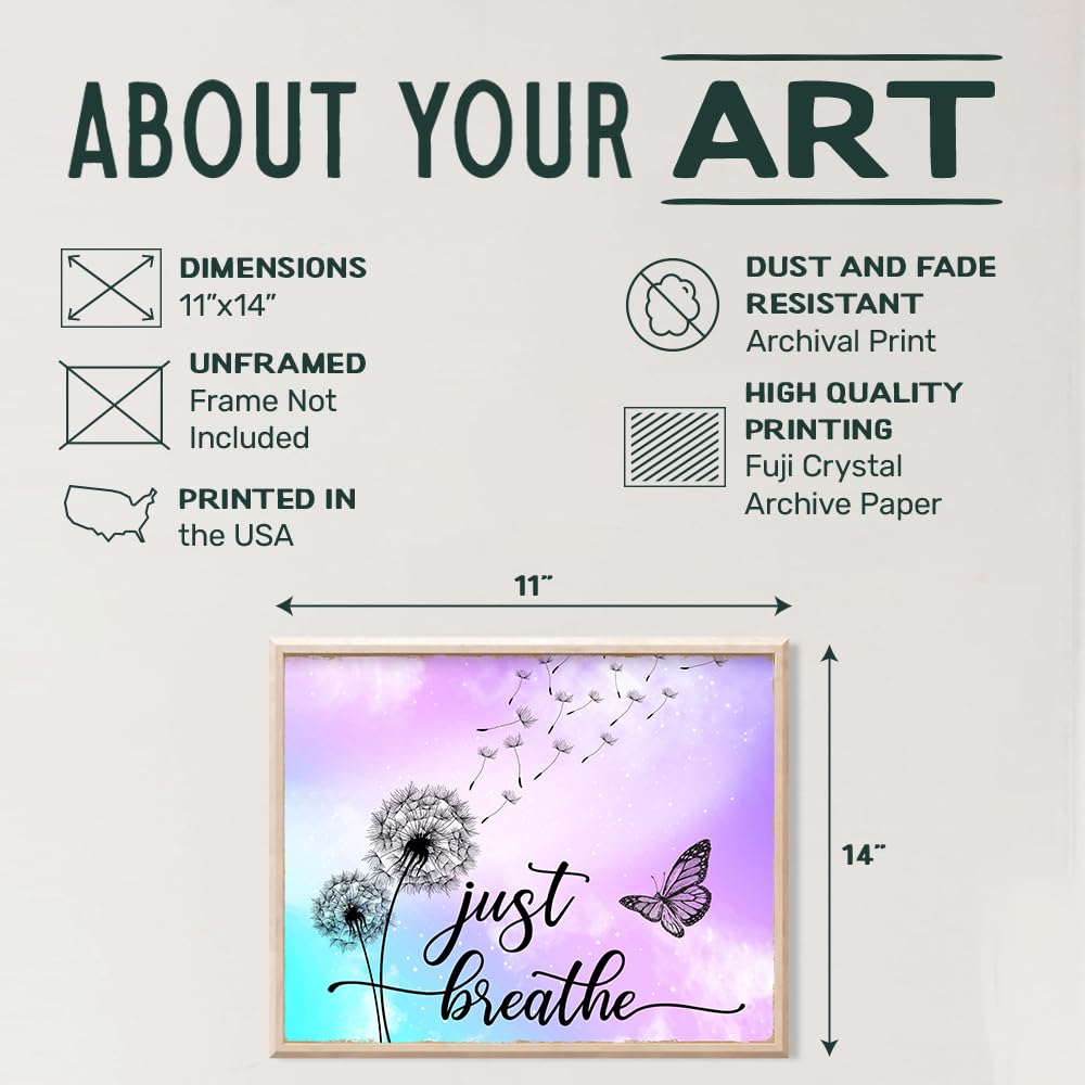 Dandelion Butterfly Just Breathe Wall Art 11x14 - Inspirational Positive Quotes Home Decor - Purple Wall Art for Women Office Bedroom - Zen Meditation Mindfulness Gift - Shabby Chic Boho Unframed