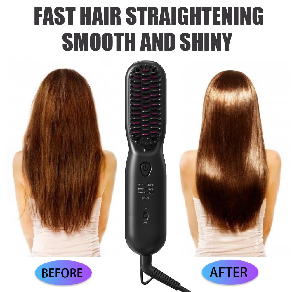 Hair Straightener Brush Dense Bristles Straightening Brush for Women Comb Quick Temperature Adjustment and Auto-Off Hair Accessories for Thick Curly Hair (Black)
