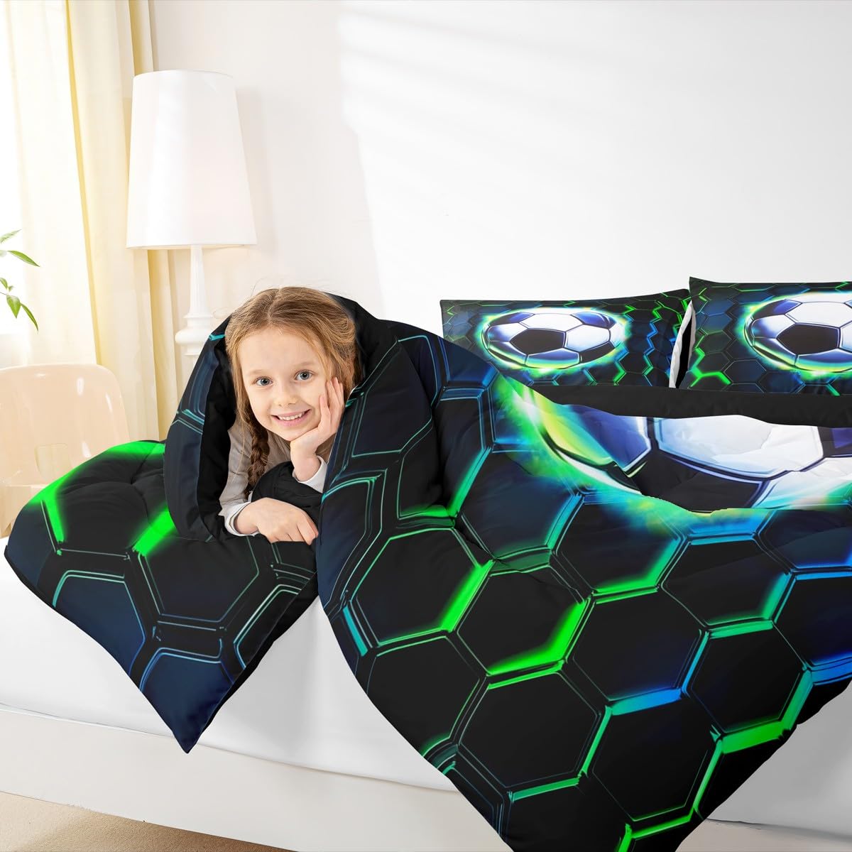 Football Kids Comforter Set Queen Size,Soccer Game Ball Sports Bedding Set,Girls Boys Room Decor,Geometric Honeycomb Hexagon Quilt Comforter,Black Green Duvet Set Bedroom Quilt Set,2 Pillowcases