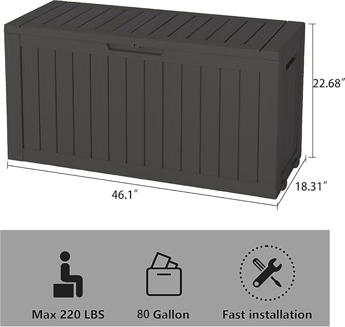 Outdoor Storage Box, Resin Deck Boxes Indoor and outdoor, Waterproof Storage Box Lockable Lid (Black, 85 Gallon)