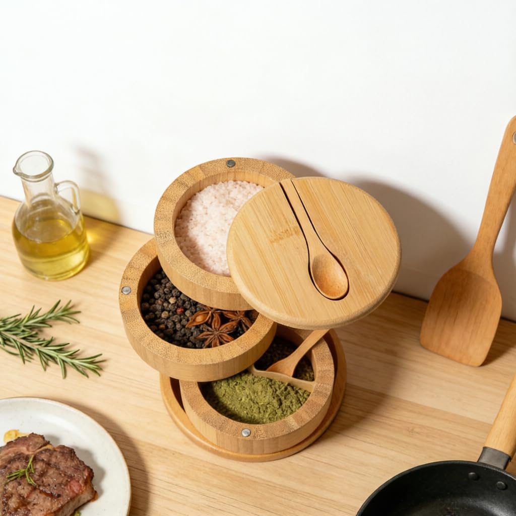 DegoCython 3-Layer Bamboo Salt Container with Magnetic Lid and Spoon, Large Capacity 10.5 Oz (Approx 287.7g) - Ideal for Celtic Sea Salt, Redmond Real & Pepper Storage