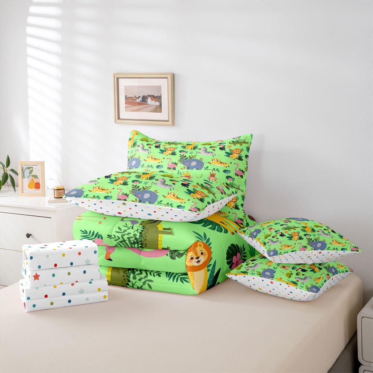 Cartoon Animal Bed in a Bag Queen Comforter Set 7 Piece | Giraffe Tiger Lion Bedding Sets Flamingo Zebra Crocodile Turtle Elephant Comforter and Sheet Set,Jungle Woodland Green Palm Leaves Bed Sets