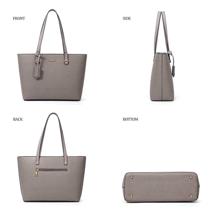 Women Fashion Synthetic Leather Handbags Tote Bag Shoulder Bag Top Handle Satchel Purse Set 4pcs, Grey