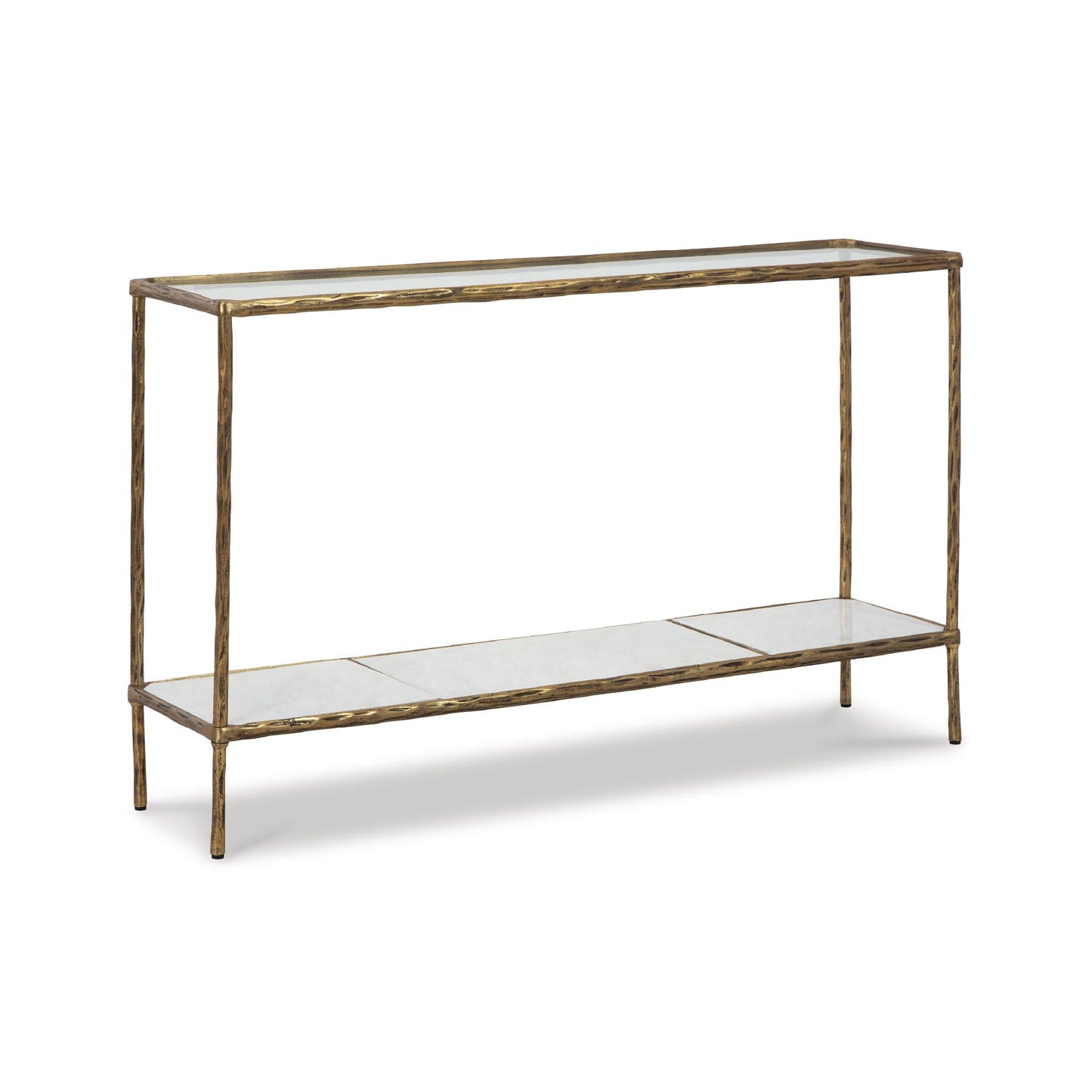 Signature Design by Ashley Ryandale Console Sofa Table, Glass Tabletop, White Marble Lower Shelf, Sand Casted Aluminum, 52" W x 12.5" D x 32.75" H, Antique Brass Finish