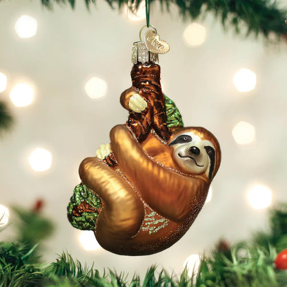 Old World Christmas Smiling Sloth Hugging Branch Glass Blown Ornament for Christmas Tree, Handcrafted Holiday Decoration, Wildlife Animal Collection