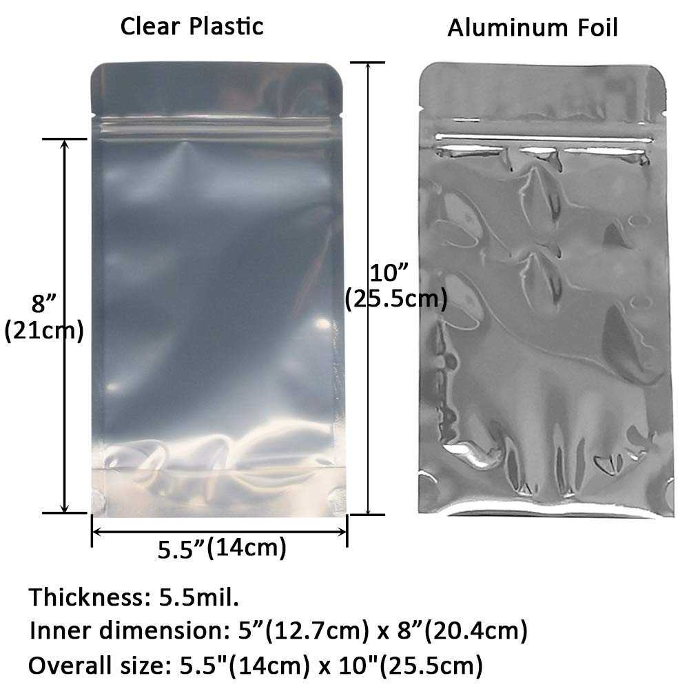 100 Pack 5.5 x 10 Inch Stand Up Pouch Bags Zipper Mylar Bags Clear Front with Aluminum Foil Back Reusable Food Storage Bag for Multipurpose with Gusset Bottom(5.5mil Thickness)