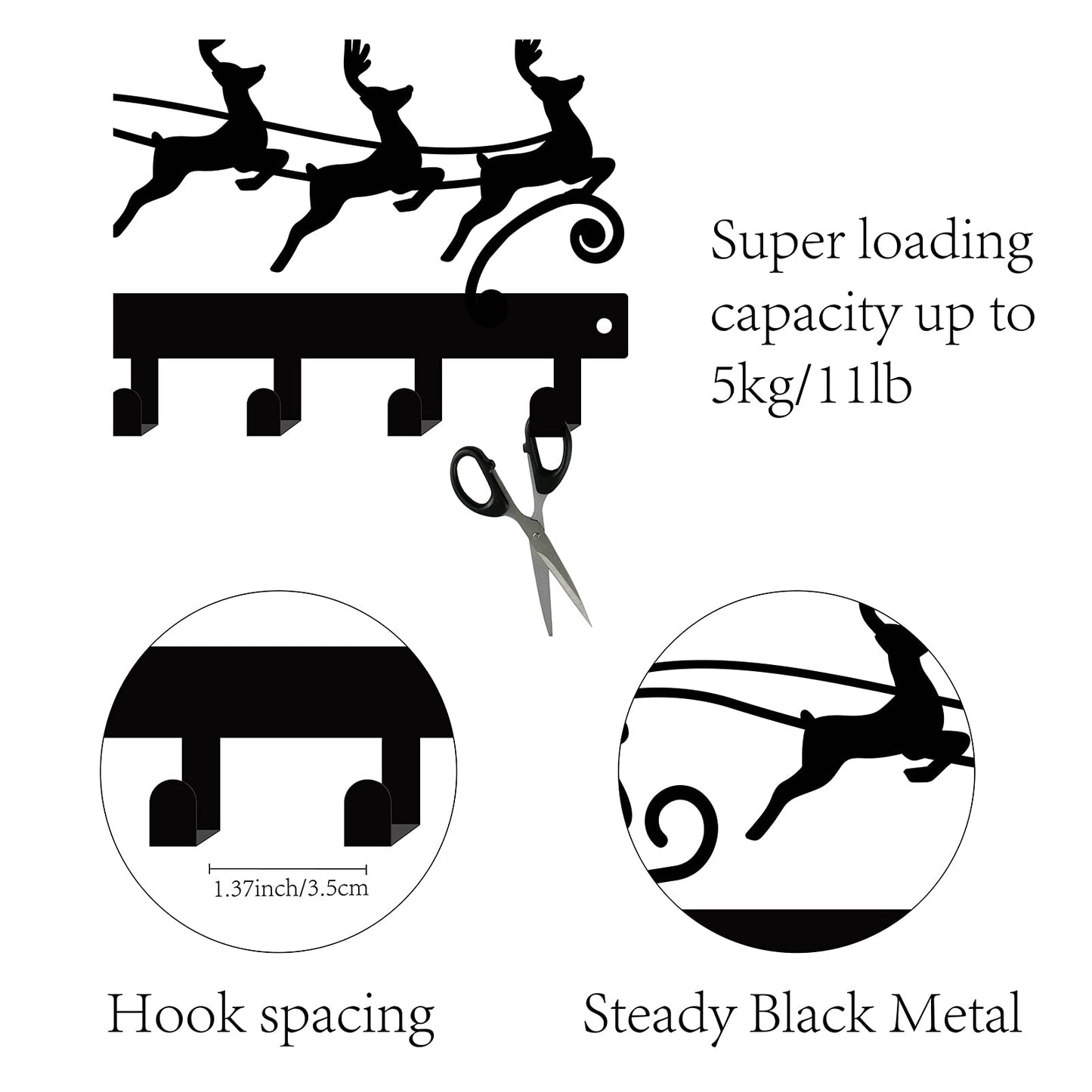 CREATCABIN Christmas Metal Key Holder Santa Claus Elk Sled Black Key Hooks Wall Mount Hanger Iron Hanging Organizer Rock 6 Hooks for Home Housewarming Gift Entryway Cabinet Hat Towel 10.6 x 5.5inch