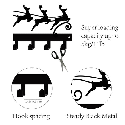 CREATCABIN Christmas Metal Key Holder Santa Claus Elk Sled Black Key Hooks Wall Mount Hanger Iron Hanging Organizer Rock 6 Hooks for Home Housewarming Gift Entryway Cabinet Hat Towel 10.6 x 5.5inch