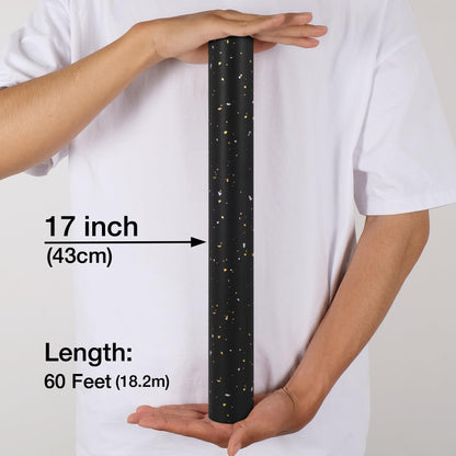 Aimyoo Black Wrapping Paper Roll - Mini Roll - 17 Inch x 60 Feet - Black with Gold Flakes Foil Design for Christmas, Wedding, Birthday,Holiday,Celebrations