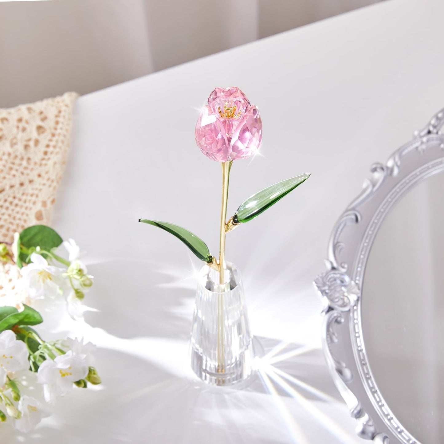 RONG KRISTO Crystal Tulip Collectible Figurines Glass Flower with Vase Artificial Flowers Home Decor Gift for Women Mom（Pink）