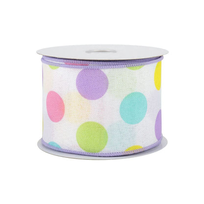Pastel Polka Dots Wired Ribbon - 2 1/2" x 10 Yards, White, Pink, Purple, Blue, Green, Yellow, Spring, Baby Shower, Birthday Gift Bow, Wreath, Christmas, Easter