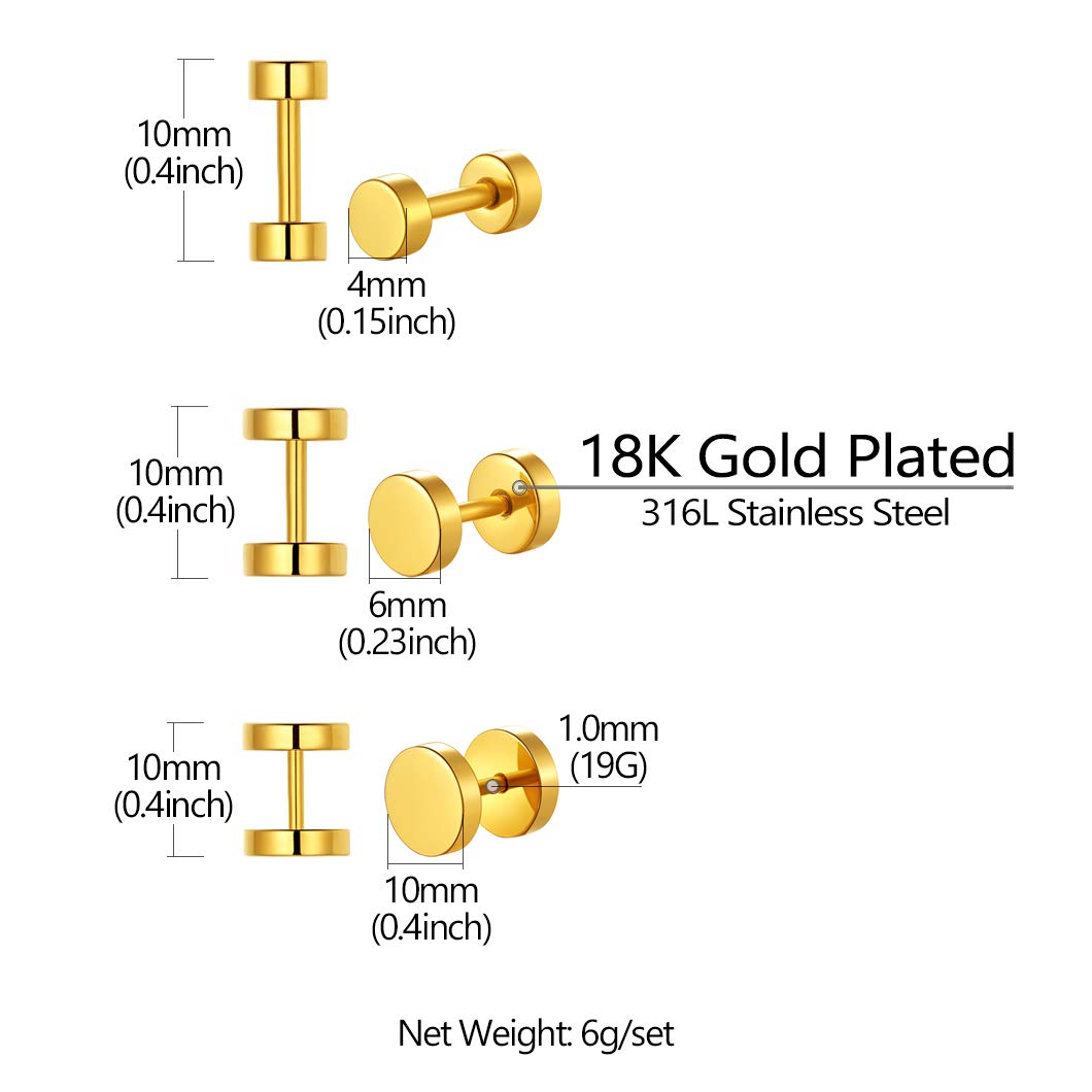 18K Gold Plated Round Stud Earrings for Men Women Cartilage Ear Piercing Plugs Tunnel Fashion Jewelry