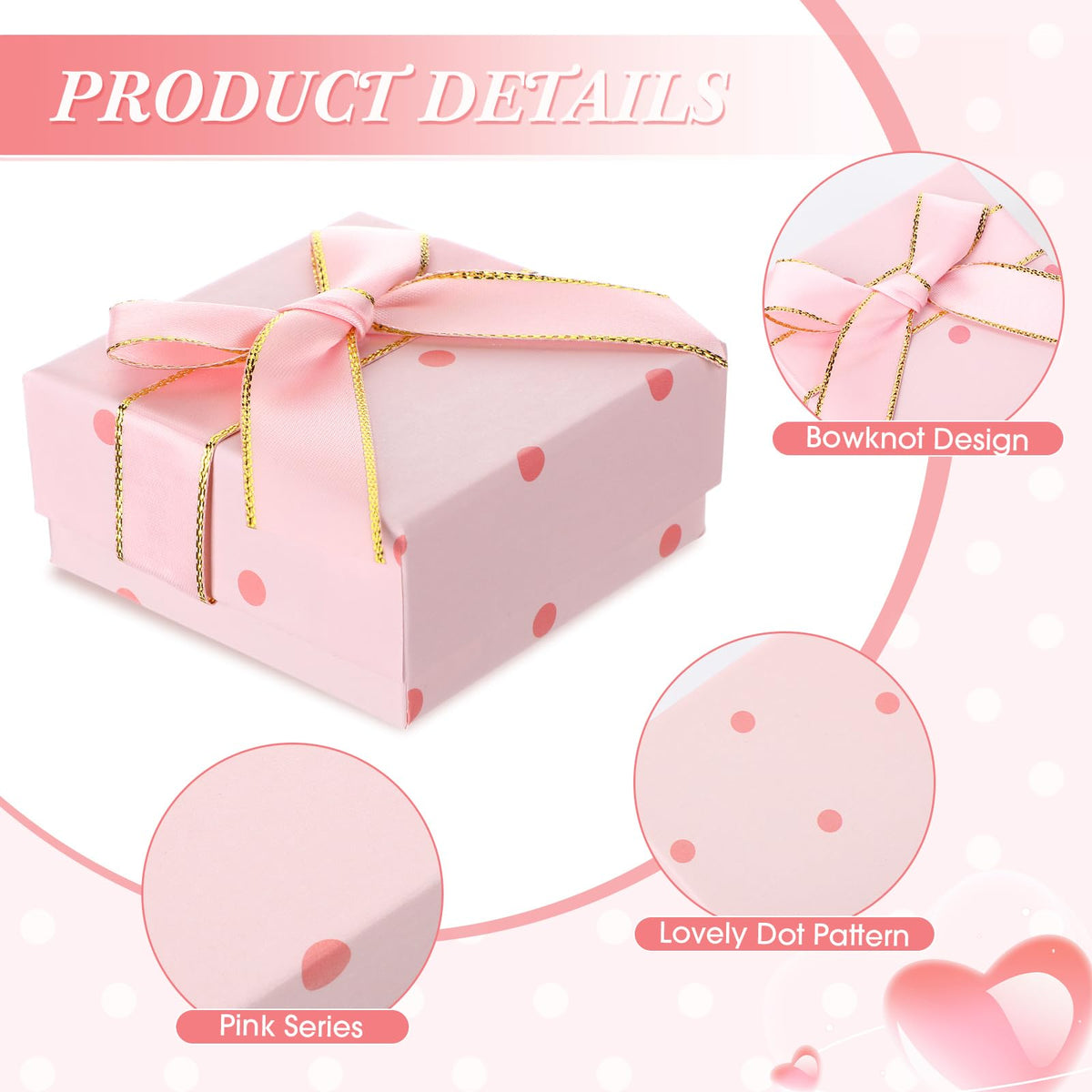 Nosiny 60 Pcs Pink Jewelry Gift Boxes 3 Inch Cardboard Jewelry Packaging Boxes with Polka Dot Bow Bulk Gift Box Square for Necklace Bracelet Ring Badge Brooch Earring Selling Boutique Wedding Party
