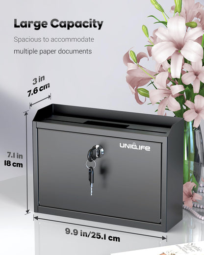 Uniclife Wall Mounted Mailbox with Key Lock & Newspaper Holder, Suggestion Box with Top Slots, Key Drop Box, Safe Lock Box, Metal Donation Box, Ballot Box for Office Business Activity