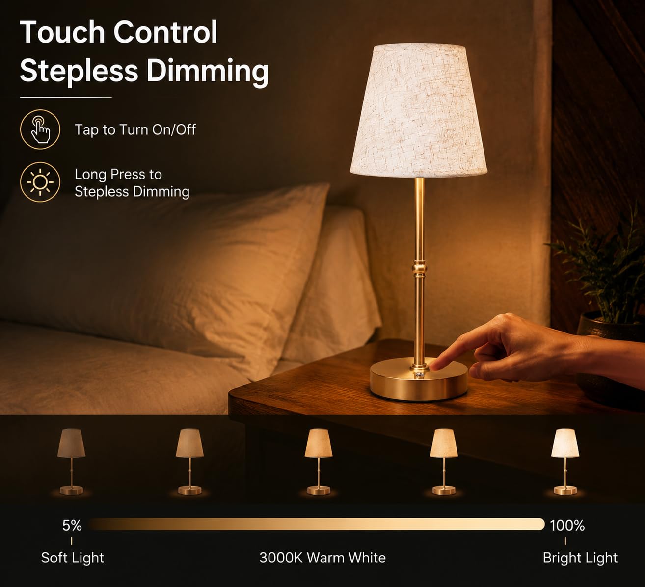 FAPEMIH Cordless Rechargeable LED Table Lamp, 6000mAh Battery, Soft Warm Light, Dimmable & Touch Control, Bedside & Dining Night Light, Portable Cozy Ambient Lamp，Gold