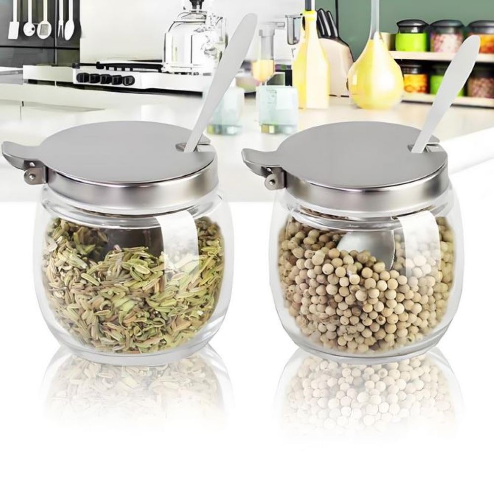 Hewnda 2Pcs Sugar Salt Container Set,8 oz glass jar with lid and spoon for storing condiments,coffee,sugar cubes,spices and more