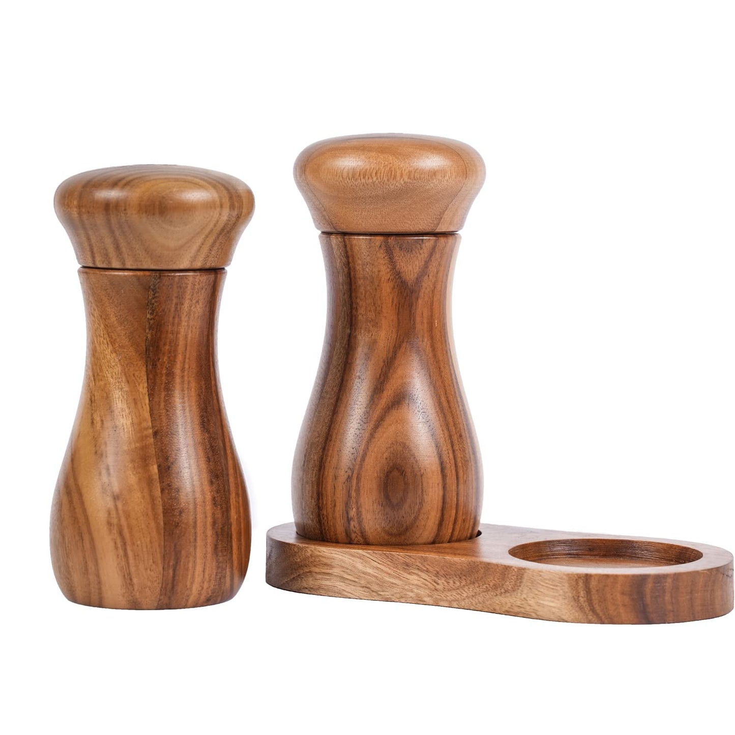 DeroTeno Salt and Pepper Grinder Set with Mill Tray, Set of 2 Salt and Pepper Mill with Ceramic Grinder Acacia Wood, Height 13 cm / 5 inch, Dia 6 cm