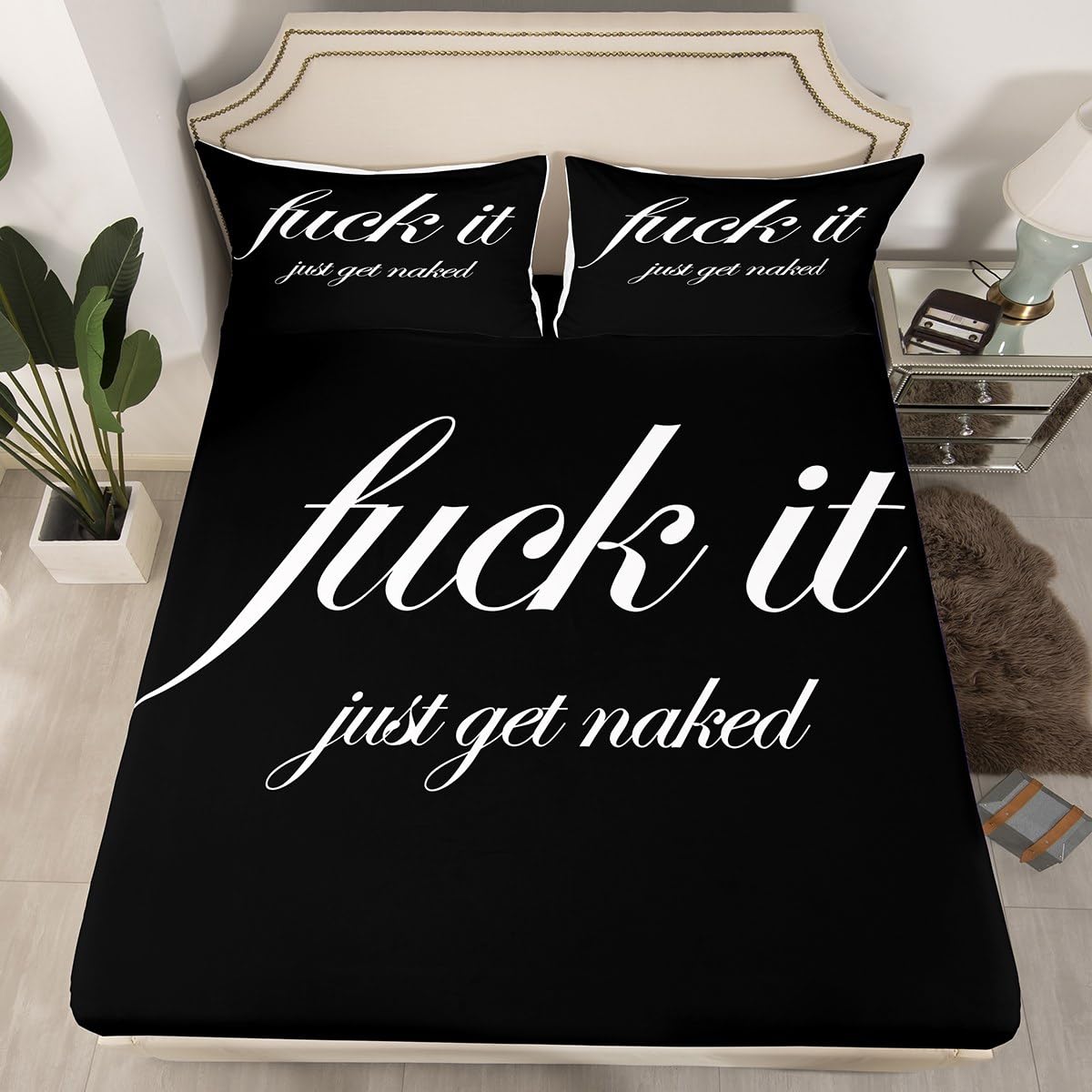 Funny Quotes Fitted Sheet & Pillow Sham Set Get Naked Bedding Set for Couple Lover Men Women Romantic Bed Sheet Set Black and White Creative Words Bed Cover No Flat Sheet Room Decor 3Pcs Full Size