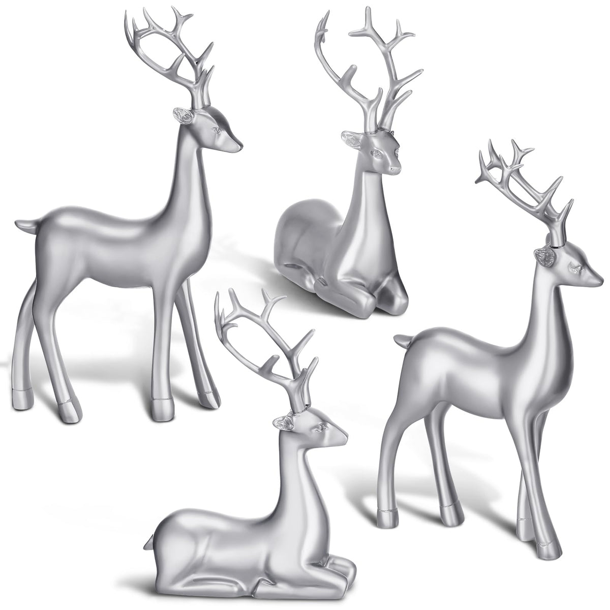 Thyle 4 Pcs Christmas Reindeer Decor Small Resin Standing Sitting Deer Figurine Mini Reindeer Christmas Table Decoration for Home Indoor Xmas Holiday Small Statue Rustic Table Decor(Silver)