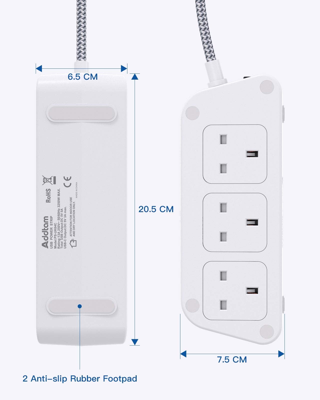 Extension Lead with USB Slots，6 Way Outlets 5 USB(5A, 1 USB- C and 4 USB-A Port) with 1.6M Braided Extension cord, 3250W Overload Protection，Security Surge Protection Plug Extension Socket
