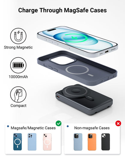 for Magsafe Portable Charger 10000mAh, Wireless Magnetic Power Bank for Apple Watch, 5 in 1 Fast Charging External Battery Pack with Cable and Stand for iPhone 16 Pro Max/15/14/13 Mini(Black)