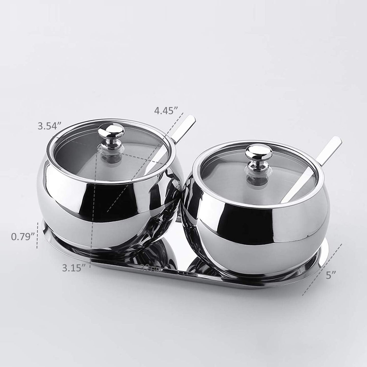 KEMIYIXIAN 2 Stainless Steel Sugar Bowl with Lid Spoon and Tray, Polished Shiny Condiment Pots for Serving Sugar Pepper Salt Spice- 330ml/ 11.6 Oz