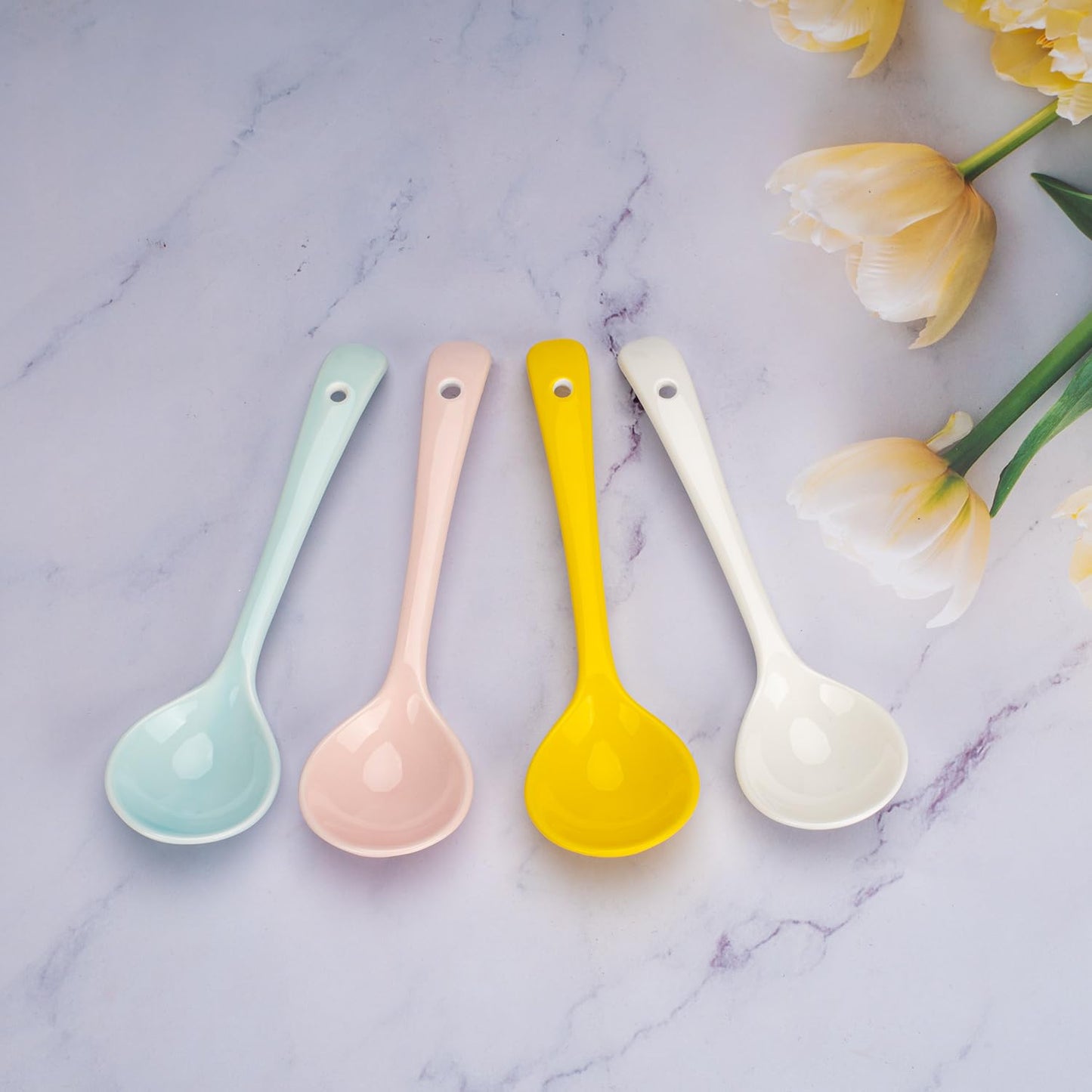 Ceramic Spoons Set of 8, Ceramic Chinese Soup Spoon, Asian Soup Spoons, White/Blue/Yellow/Pink Japanese Spoon Large for Ramen Pho Wonton Dumpling Miso, Deep Oval Hook Design (8, 4-Color)