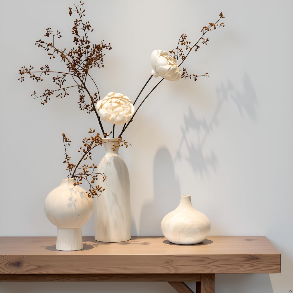 SincereLuxe White Ceramic Vase Set of 3 in Beige, Modern Aesthetic Stone-Look Textured Pottery Vases for Shelf & Bookshelf Home Decor, Neutral Minimalist Decorative Vases for Flowers & Pampas Grass