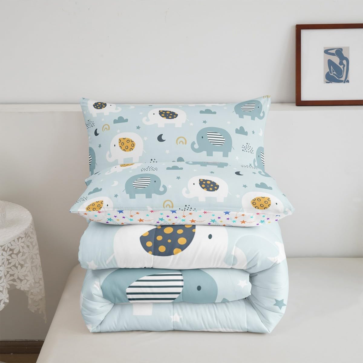 Feelyou Cartoon Elephant Bedding Set for Boys Girls Full, Kids Zoo Animal Comforter Set Rainbow Elephant Comforter Wildlife Duvet Set 3Pcs