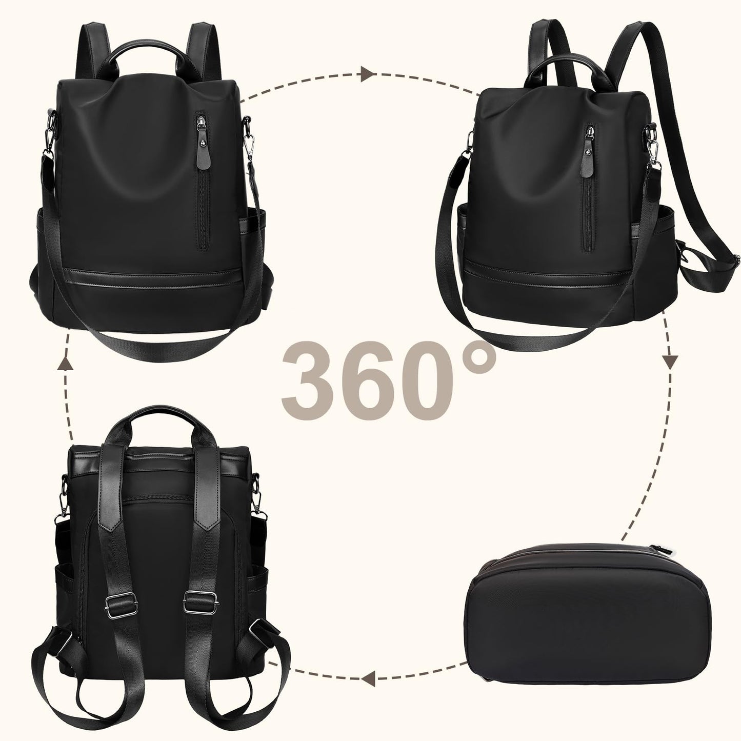 Eshow Backpack Womens Anti Theft with Purse, Ladies Rucksack Fashion, Shoulder Bag Nylon Casual, Small Daypack Handbag for Girls Daily Travel School Work Black