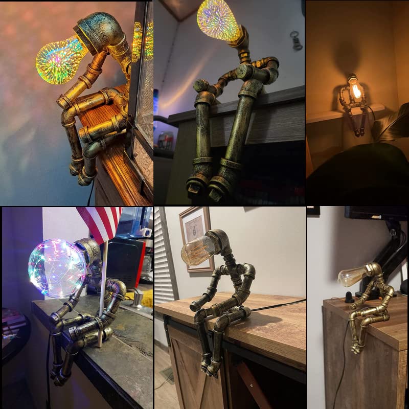 PUPERY Steampunk Table Lamp,Retro Industrial Bronze Pipe Robot Desk Lamp with 2 Edison Bulbs Lamp Creative Gift