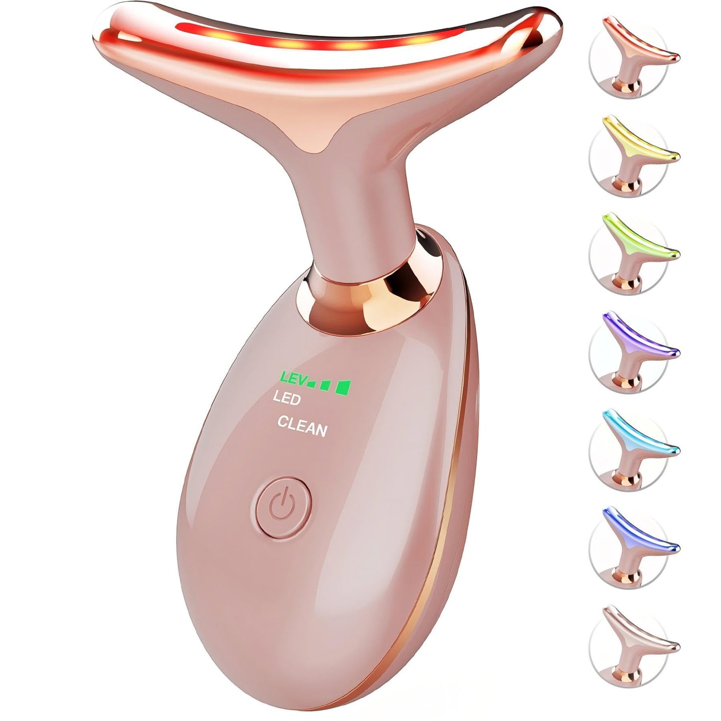 Red-Light-Therapy-for-Face-and-Neck, 7 Color Face Massager Tool for Wrinkles, Double Chin, Vibrating Facial Massager with Thermals for Skin Care, Glossy Pink