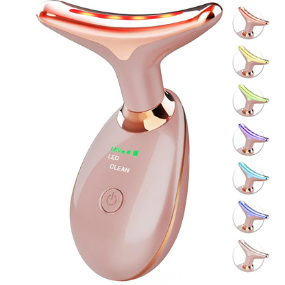 Red-Light-Therapy-for-Face-and-Neck, 7 Color Face Massager Tool for Wrinkles, Double Chin, Vibrating Facial Massager with Thermals for Skin Care, Glossy Pink