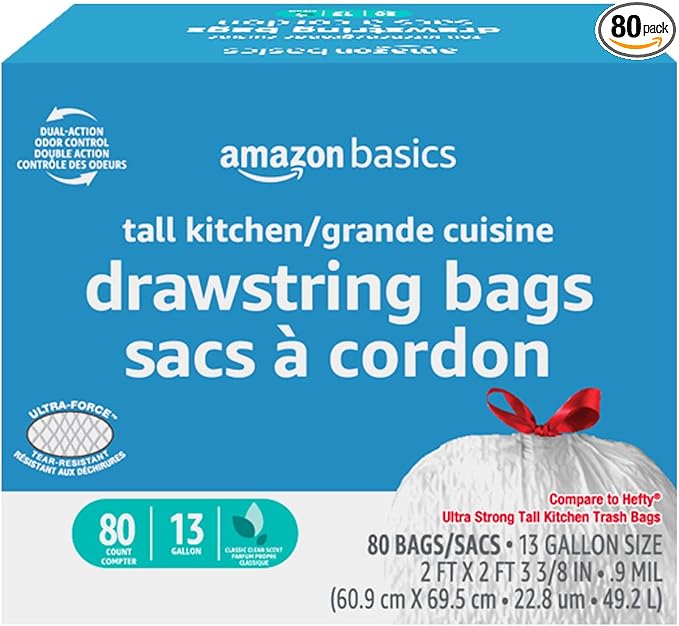 Amazon Basics Ultra-Force Tall Kitchen Drawstring Trash Bags, Classic Clean