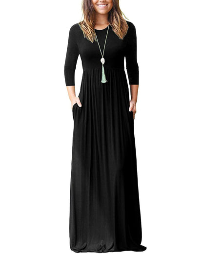 WNEEDU Women's 3/4 Sleeve Loose Casual Long Maxi Dresses with Pockets,Large,Solid Black
