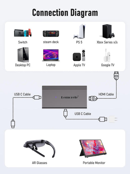 Lemorele HDMI to USB C Adapter, USB C HDMI Adapter with 4K@60Hz Video for Nreal Air, Rokid Air, Thunderbird AR, GRAWOOW, switch, steam deck, PS4, PS5, Xbox, display,etc