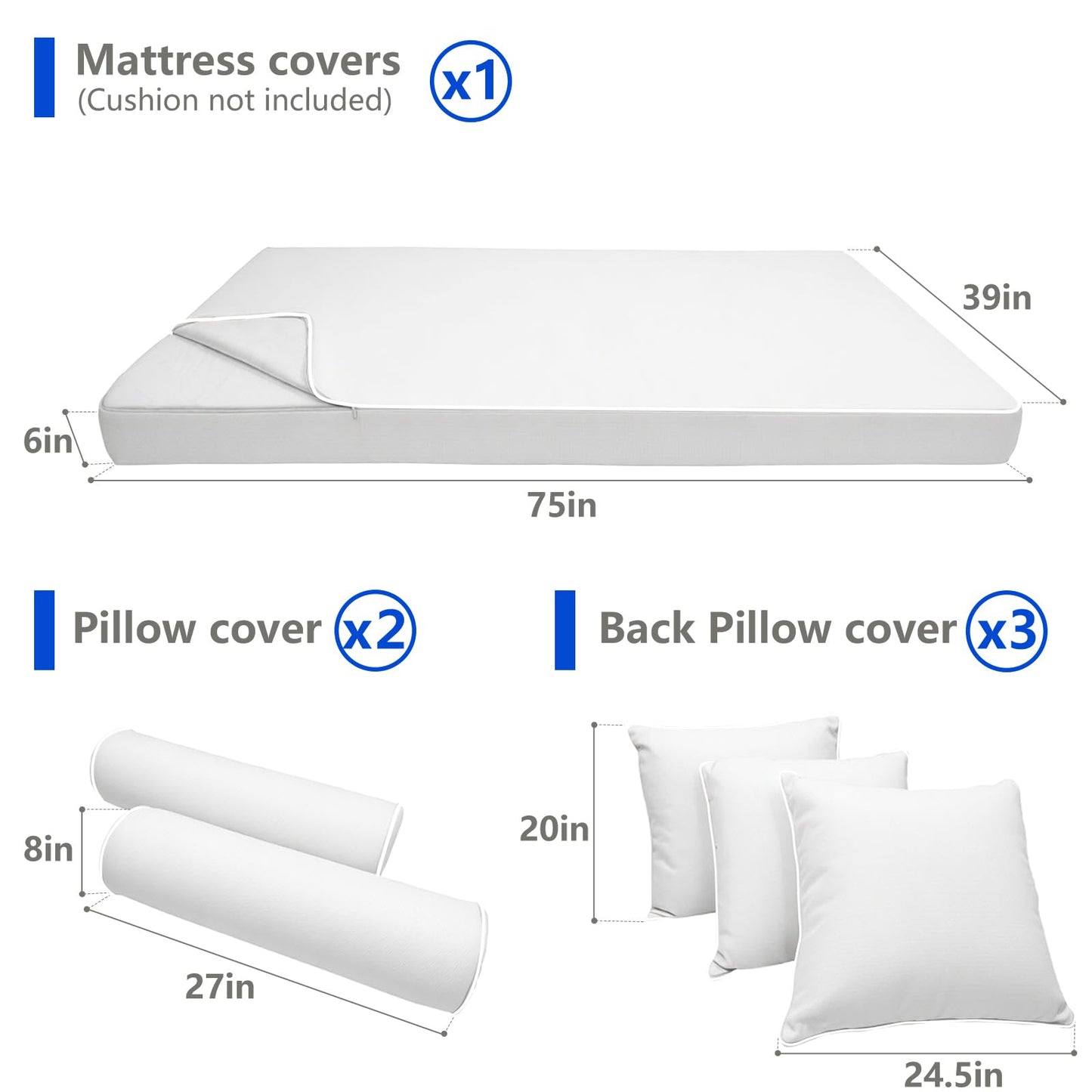 Outdoor Twin Size Daybed Mattress Cover Waterproof, Porch Swing Bed Cushion Covers with Zip,Outdoors Bedding Cushions Pillow Bolster Fitted Sheet Slipcover,ONLY COVER (White-1, 75*39*6inch)