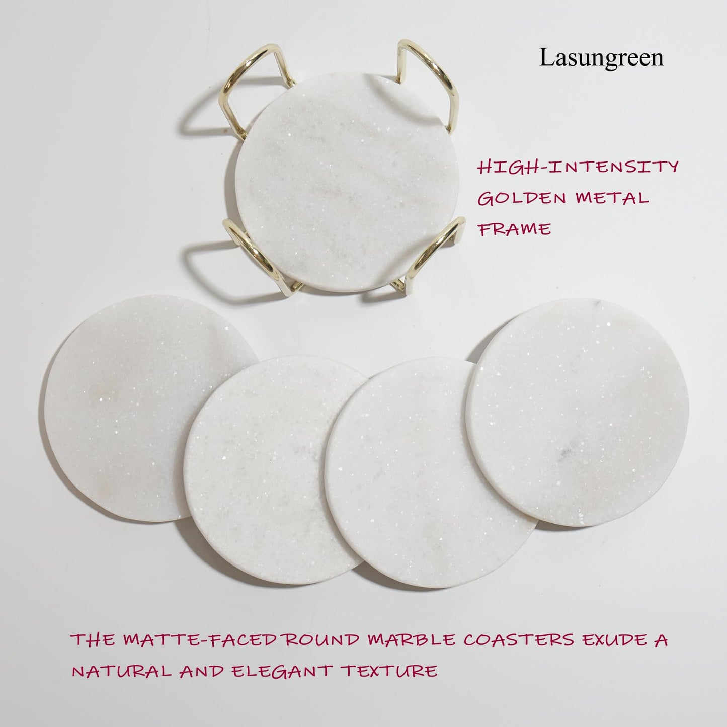 Lasungreen 4 Inches Modern Shining White Marble Coasters with Gold Metal Holder, Round Natural Stone Drink Coasters, Set of 5 Coasters Decorative for Home
