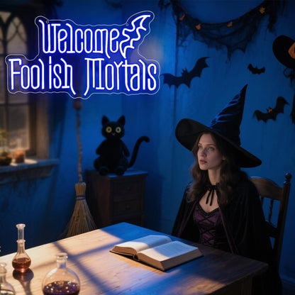 RuCvixkt Welcome Foolish Mortals Neon Sign, Halloween LED Neon Signs for Wall Decor, Spooky Gothic Haunted Mansion Decor, Coffin Led Neon Light Gift for Boy, Party, Man Cave, Haunted House(Blue)