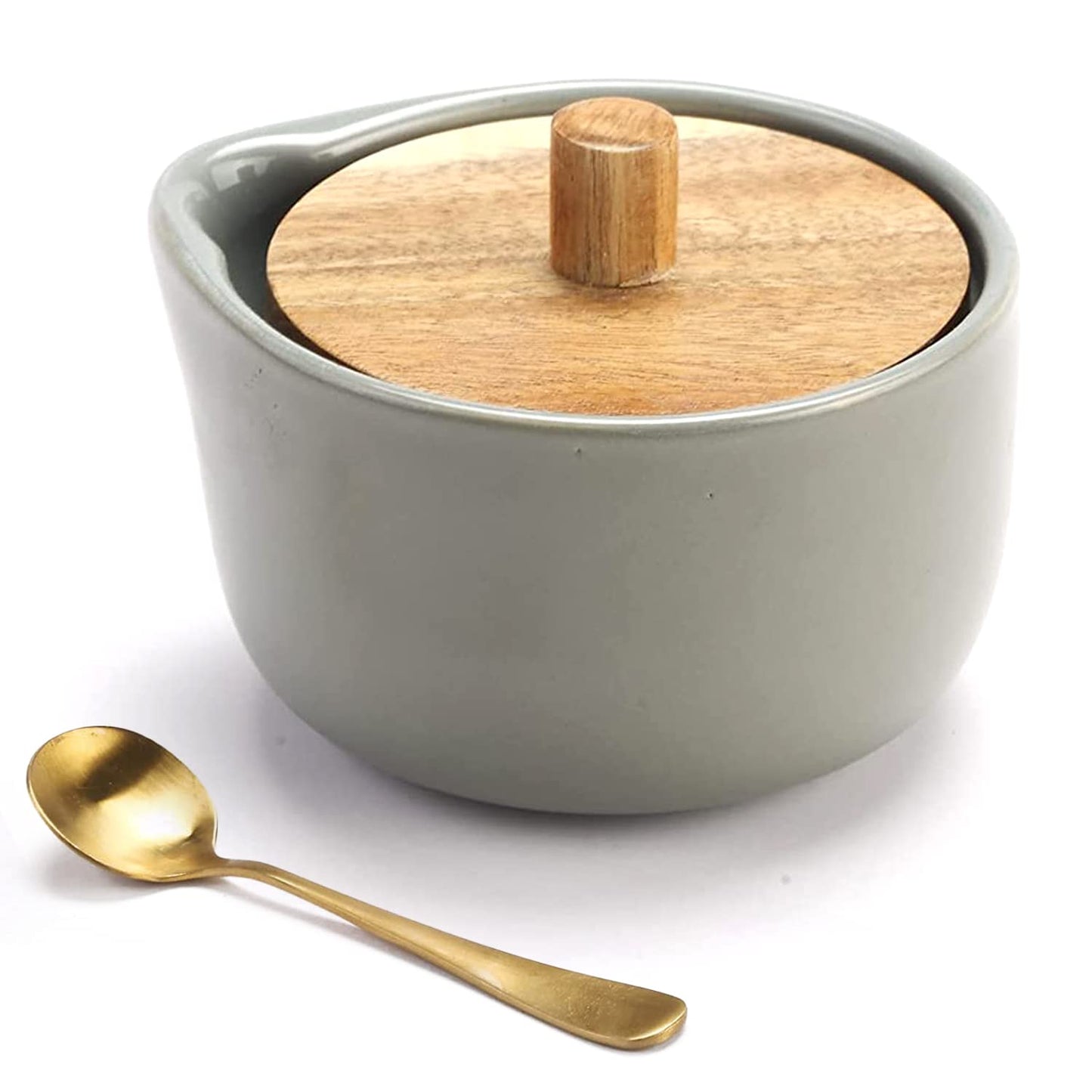 everous Salt Box base grey color Salt Cellar Elegant Design salt Boxes Big Capacity Wood lid grey Ceramic Base with spoon salt pot