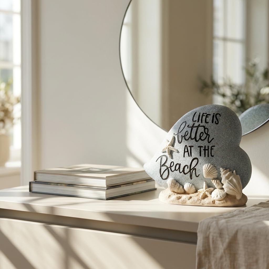 DOVDOV Resin Beach Decor Statue with Seashell and Starfish Accents, Coastal Heart Tabletop Sculpture with Life is Better at the Beach Message for Shelf Mantel Desk Home Display (Blue)